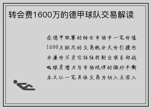 转会费1600万的德甲球队交易解读